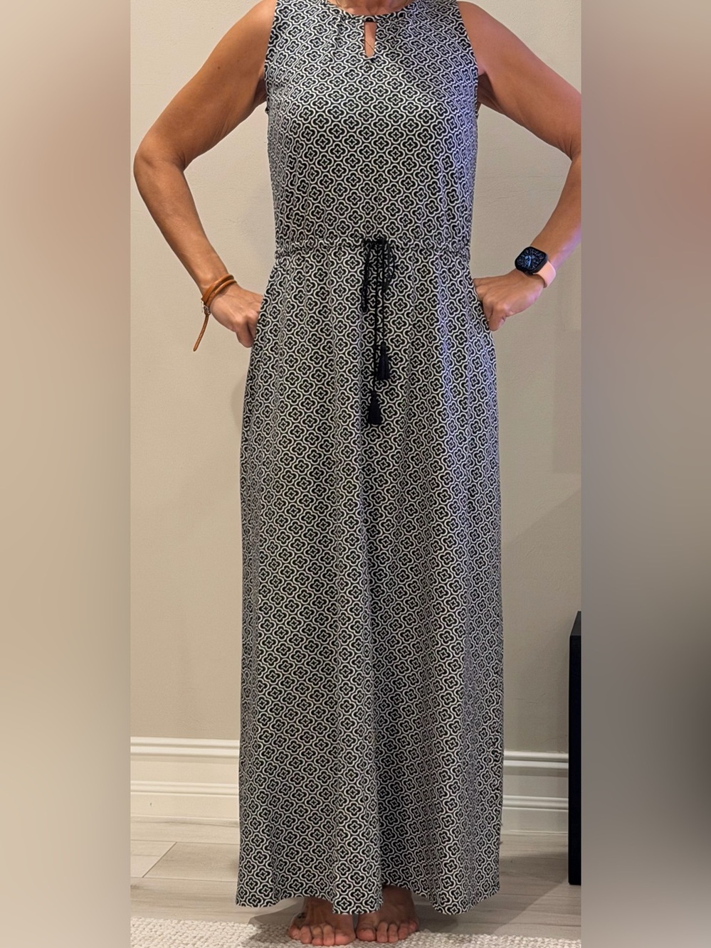Talbots Black and White Geometric Maxi Skirt with Drawstring